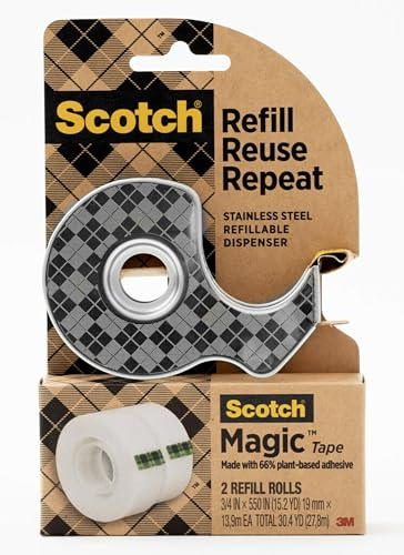 Scotch Nachfüllbarer Spender aus Edelstahl und 2 Rollen Scotch Magic-Klebeband mit 66% pflanzlichem Klebstoff, 1,9 cm x 1,397 cm, unsichtbares Klebeband, Bürobedarf und Schulbedarf