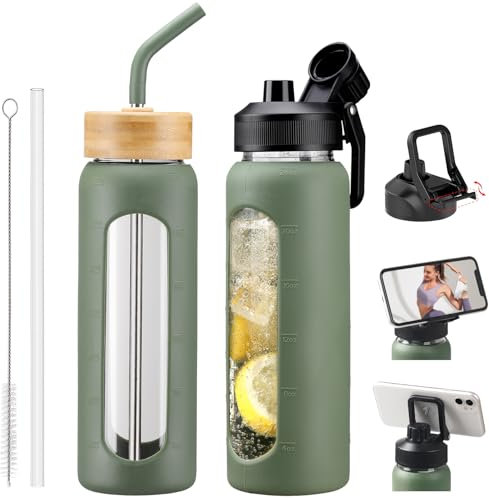 NOLOGLAZIC 24oz Glass Water Bottle with Straw and 2 Lids-Bamboo and Spout Lid, Borosilicate Glass Water Bottle with Silicone Sleeve and Time Marker,BPA Free & Cupholder Friendly,Olive