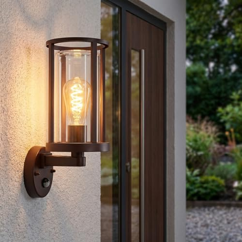 HOFSTEIN Außenwandleuchte Martinha, Außenwandlampe mit Bewegungsmelder aus Metall/Glas in Rostfarben/Klar, Wandleuchte im Retro/Vintage/Industrial-Design, E27, IP44, Eingangsbereich, Terrasse, Haustür