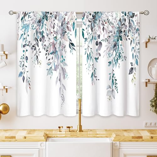 oolygoo Blue Grey Eucalyptus Botanical Leaves Floral Kitchen Window Curtains Over Sink Farmhouse Flower Leaf Small Window Treatment Cafe Short Curtains for Bathroom Treatment Tier Drapes 26x36 inch