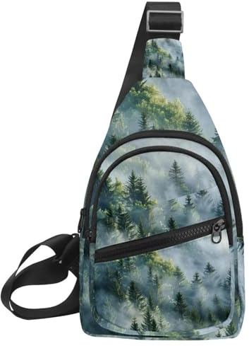 Misty Pine Forest on The Mountain Slope in a Nature Reserve Crossbody Small Sling Bag Sling Backpack for Travel Sports Hiking