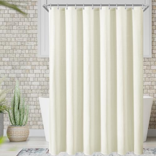 Lerores Duschvorhang 180x200 cm Waffel Beige, Beschwerter Saum Antischimmel Textil, Wasserabweisend, Waschbar Polyester Stoff Badevorhänge für Badezimmer, Badewanne mit 12 Duschvorhangringe