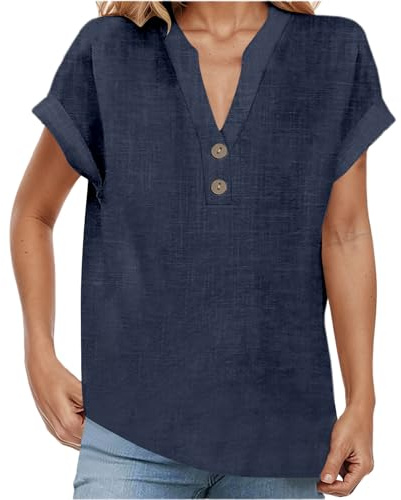 Linneblus damer v-ringad plus storlek S–5XL enfärgad kortärmad bomull linne t-shirt överdimensionerad linneskjorta button down skjortblus tunika 2025 sommartoppar, 02-marin, XL