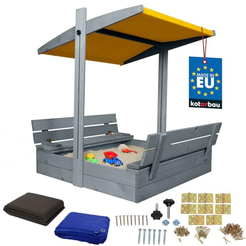 KOTARBAU® Sandkasten mit Dach 100 x 100 cm, Sandkiste aus Holz, Grau | Sandkasten mit Abdeckung & Sitzbänken, Gartenspielzeug für Kinder, Sandkasten mit Deckel & Sonnenschutz in Gelb, Imprägniert