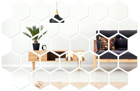 Strehknewen Espejos Adhesivos 30 Unidades – Espejos Hexagonales de Pared 12,5 cm, Espejo de Acrílico Autoadhesivo, Decoración Mural DIY para Dormitorio, Baño, Salón