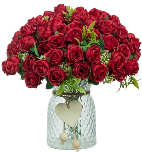 DuHouse 6 Branch Mini Rose Heads Artificial Flowers Bouquet for Wedding Home Parties Decor(Red)