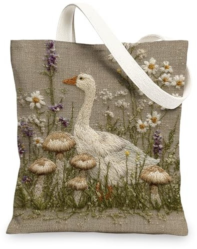 Embroidered Style Print Canvas Tote Bag, Nature Inspired Reusable Shopping Bags, Linen Lightweight Eco-Friendly Shoulder Bags 13x15 Inch