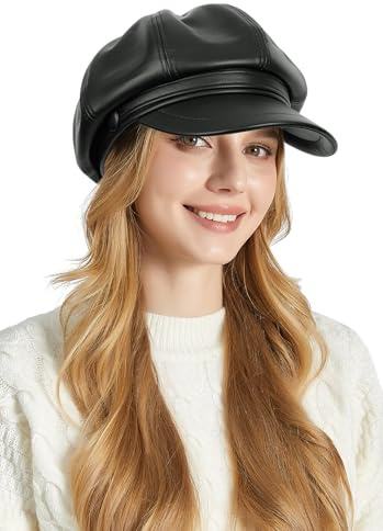 Ausing Berretto in Pelle Donna Cappello Pelle Ecopelle Nero Cappellino alla Francese Basco Newsboy Berretti Ottagonale Artista Pittore Cappelli Baker Boy Moda Casual Vintage Autunno Printemps Estate
