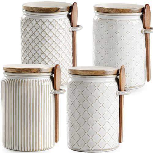 getstar Small Canisters Sets for the Kitchen, 20 oz Sugar Coffee Tea Storage Containers, Ceramic Kitchen Canisters for Countertop Set of 4 with Airtight Lids and Teaspoons