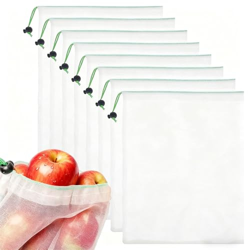 Rayakt 8-Pack Reusable Mesh Produce Bags - 30x35cm Eco-Friendly See-Through Vegetable Bags, Mesh Fruit Bags with Drawstring for Shopping, Storage & Organization