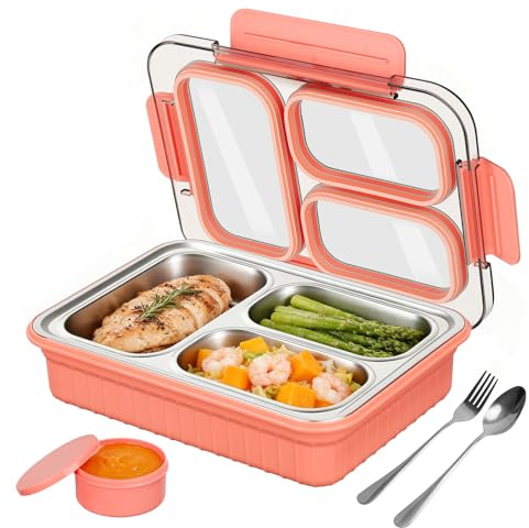 Esyhomi Bento Box Lunch Boxes, 900ml Stainless Steel Lunch Box with Condiment Container, Leakproof Food Container with 3 Compartments and Cutlery Set, Snack Container for Boys Girls School Office