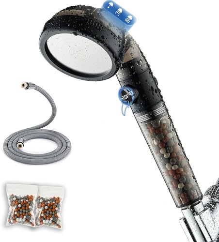 Pimaja Ionic Shower Head with Hose, High Pressure Mineral Shower Head with Beads Filter for Hard Water,4-Mode,with Hose and Replaceable Mineral Stone Beads (Black)
