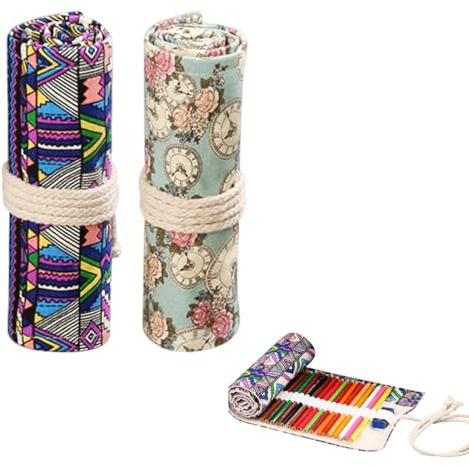 2 Stück 24 Löcher Leinwand Stifterolle Roll, aufrollbares Federmäppchen für Buntstifte, für Schüler, Pinsel, Künstler, Schulbüro