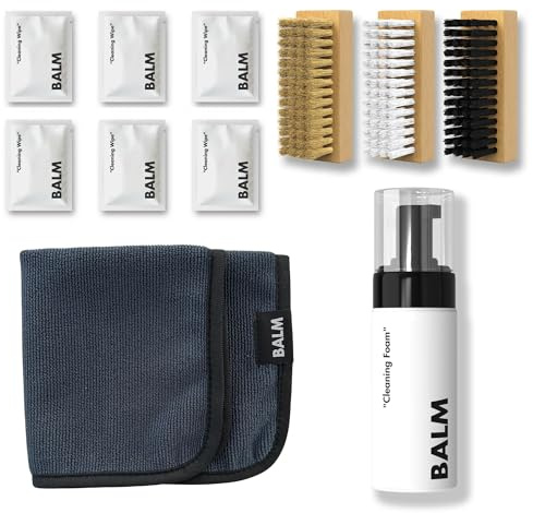 Essentials Schuhpflegeset – Premium Sneaker Reiniger Kit mit Schaum, 3 Bürsten für Leder/Textil/Sohle, Mikrofasertuch & 6 Reinigungstücher – effektive Schuhputzsets für Leder, Textil, Suede & mehr
