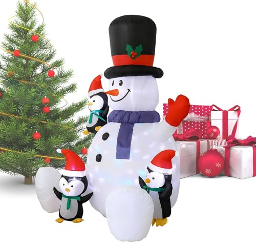 Christmas Blow Up Snowman, Blow Up Christmas Sitting Snowman, Inflatable Seasonal RGB LED Lights Ornament with 3 Penguins For Indoor Party Outdoor Lawn Garden Yard Porch Patio Family Photography