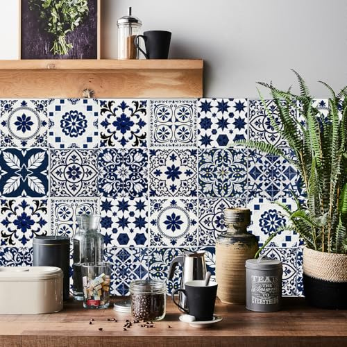 Tile Stickers for Kitchen 24 pcs Stick on Tiles Kitchen Bathroom Self Adhesive Peel and Stick Wall Waterproof Oil-Proof (15cm x 15cm, 6x6 inches) for Floor Stairs Furniture(Blue White)