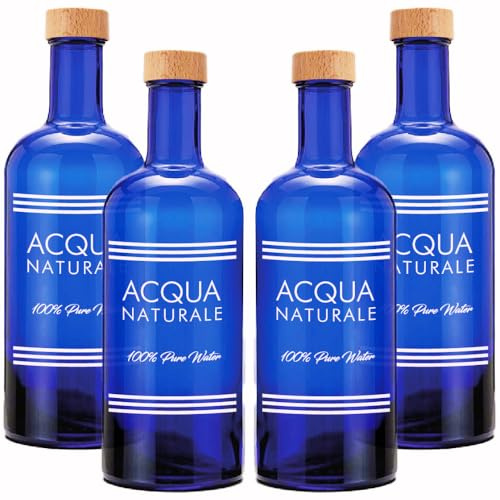 BrandPrint Juego de 4 botellas de cristal azul modelo ISIDE, 750 ml, Serigrafía 4 natural, tapón de rosca revestido de madera | Botella de cristal agua solarizada