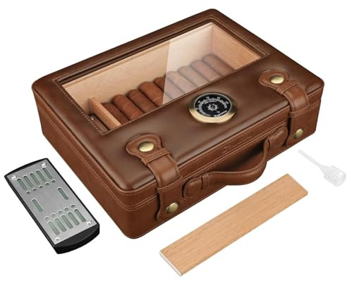 Racocou 30 Cigarer Humidor-fodral PU-läder Cigarbox med glastopp Inbyggd fuktare Hygrometer Cederfoder Present till make pappa fars dag jul födelsedag,Brown