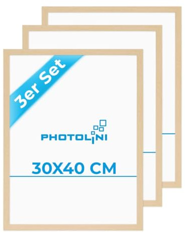 PHOTOLINI Marcos 30x40 cm madera MDF natural, set de 3 marcos para pósteres, cristal acrílico, para colgar, incluye accesorios - para fotos, láminas y pósteres