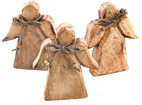 Angeli decorativi in legno mangifera, set 3 pezzi: decorazioni Natale casa, figure natalizie eleganti, statuine protettive con fiocco, addobbi rustici per tavolo, mensola, finestra, 15 x 12 cm