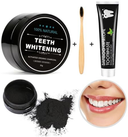 Pemarlis Kit Sbiancante Dentale al Carbone Attivo con Polvere+1 Dentifricio Al Carbone Attivo+1 Spazzolini Eco in Bambù,Sbiancante Naturale per Denti Prodotti per la Cura Orale