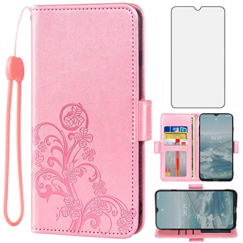 Asuwish Compatible with Nokia G10/G20/6.3 Wallet Case and Tempered Glass Screen Protector Flip Wrist Strap Credit Card Holder Stand Cell Phone Cover for NokiaG10 NokiaG20 Android 11 TA-1334 Rose Gold