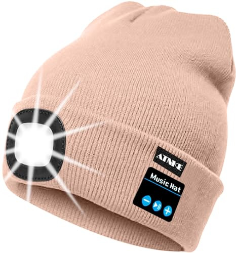 ATNKE Berretto Bluetooth con LED Illuminato, USB Ricaricabile Wireless Musicale Cappello Corsa Ultra Bright 4 LED Impermeabile Lampada per Sci Escursionismo Campeggio Ciclismo/Skin Pink