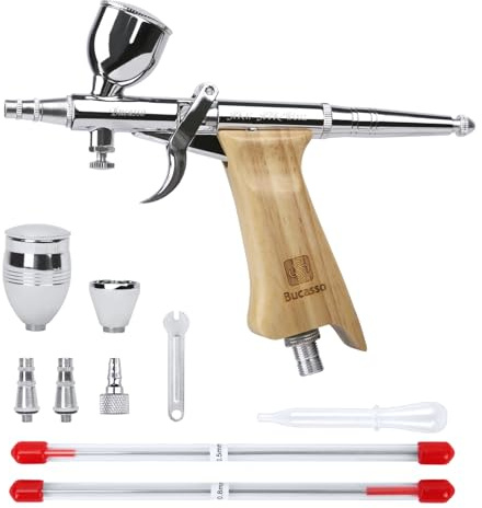 Bucasso Airbrush Kit, Air Brush Spray Gun with 0.3mm/0.5mm/0.8mm Needles/Nozzle Sets, 3cc/7cc/11cc Replaceable Fluid Cup for Painting Model Nails Cake Tattoo Makeup (Burlywood02)
