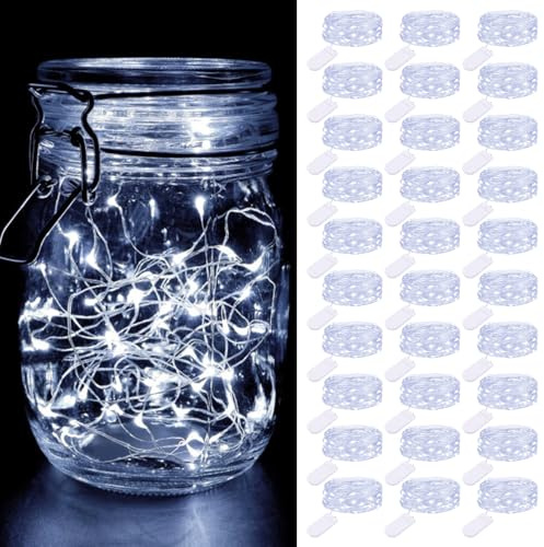 btfarm 30 Stück LED Mini Lichterkette Batterie, 2M 20LED Silberdraht Batteriebetrieben, Micro Draht Wasserdicht für Weihnachten Hochzeit Party Innen Deko, Kaltes Weiß