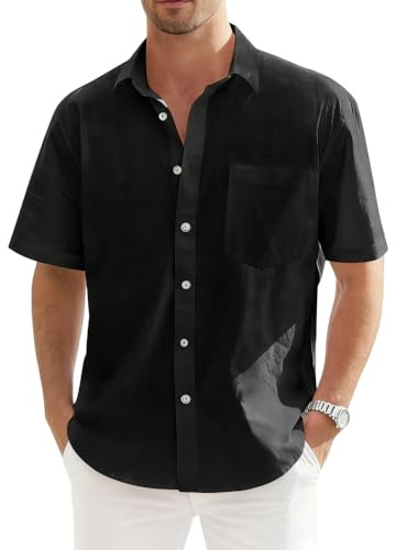 Hommes Chemises Manche Courte Chemise Lin Homme Solid Henley Shirts Été Col Mao Chemise de Plage Classique Regular Fit Chemises L'été