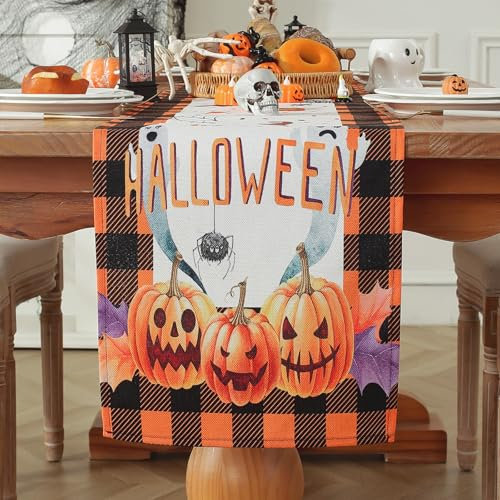 meioro Halloween Tischläufer, Kürbis Fledermaus Spinnennetz Geist Tischläufer für Halloween Tischdekoration, Saisonale Herbst Tischdekoration für Home Party Abendessen (30x120 cm)