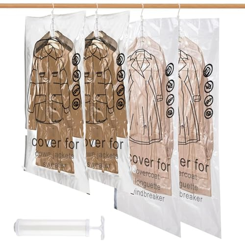 thirei 4Pcs Hanging Vacuum Storage Bags for Clothes, Suitable for Suits, Coats, Jackets (135x70cm + 110x70cm)