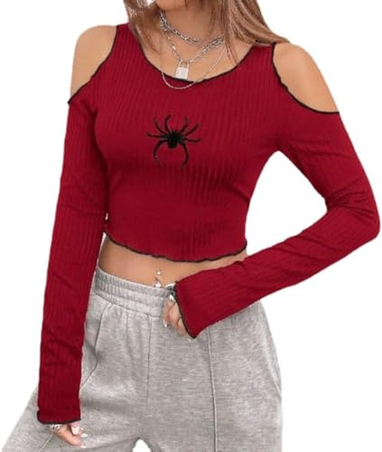 Femmes Spider Broderie Tricot Côtelé Épaules Dénudées Manches Longues Crop-Fashion Casual Y2K Style Slim Fit Tops Chemise Automne Hiver Streetwear, Rouge, M