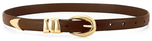 WHIPPY Women Skinny Leather Belt for Jeans Pants Dresses Ladies Fashion Waist Belt with Shiny Gold Buckle,Coffee Gold,M
