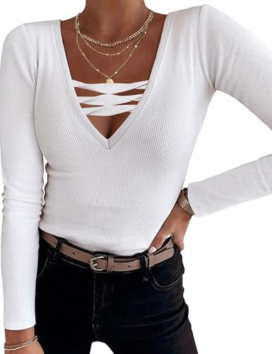 Demegimi Maglietta Donna Manica Lunga Scollo a V T-Shirt Sexy Elegante Tinta Unita Top Slim Fit Basic T-Shirt per Autunno Inverno