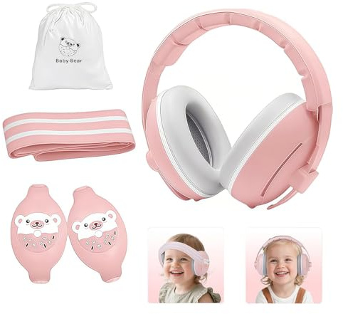 GUKOY Protezione Acustica 2 in 1 per Neonati e Bambini Piccoli Fino a 4 anni, Comode Cuffie Antirumore per Proteggere l'udito e Favorire un Sonno Migliore, Rosa