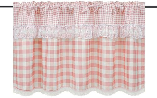 HongYa Karierte Küche Gardine Scheibengardine Tunnelzug Bistrogardine mit Spitze Rosa H/B 90/90 cm