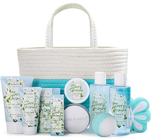 BODY & EARTH Bath Sets for Women, 11 Pcs Spa Gift Sets Jasmine Scented Includs Milk Lotion & Butter, Hand Soap, Bubble Bath, Mothers Day Gift Valentine's Day Christmas