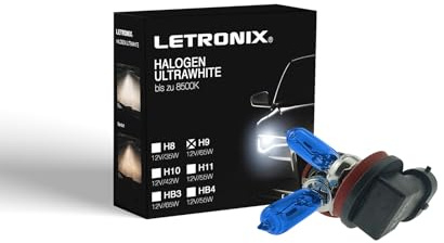 letronix Halogen Auto Lampen H9 12V 8500K Kalt Weiß Xenon Optik Gas Ultra White Look Birnen Lampe Abblendlicht Nebelscheinwerfer Fernlicht Kurvenlicht Zulassung E-Prüfzeichen (LED Optik) (H9 65W)