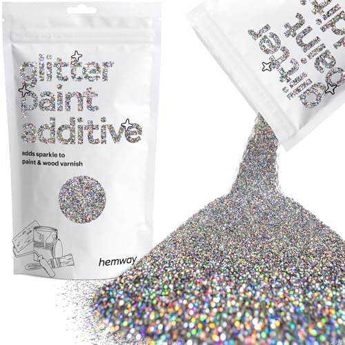 Hemway Glitter Paint Additive - Gun Metal Grey Holographic | Metallic Flakes for Adding Sparkle to Paints & Wood Varnish | Add to Emulsion, Acrylic & Latex for Indoor Sparkly Walls | 100 g