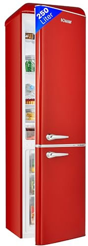 Bomann® Retro Kühl-Gefrier-Kombination mit 250 L Nutzinhalt | Kühlen: 186 L und Gefrieren: 64 L | Kühlschrank mit LED-Beleuchtung | Fridge mit stufenloser Temperaturregelung | KGR 7328.1 rot