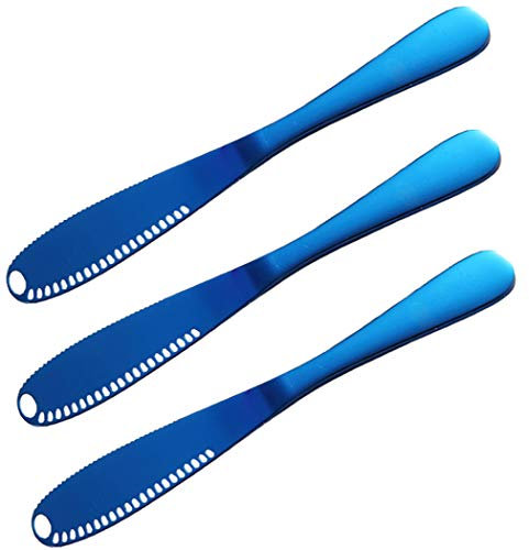 Hoshen Cuchillo de mantequilla de acero inoxidable de 3 piezas, rallador de mantequilla, cuchillo de mermelada de pan, espátula de mantequilla para cortar queso, utensilios de cocina, color azul