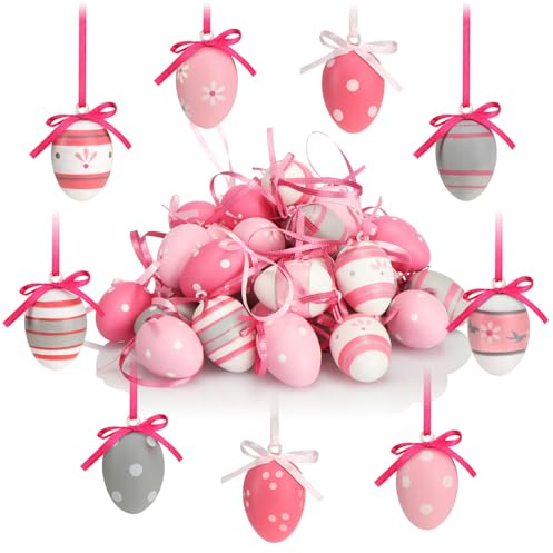com-four® 36x Ostereier zum Aufhängen 4 cm - Handbemalte Osterdeko mit tollen Mustern - Deko Ostereier in Mehreren Rosa-Farben (rosa/weiß/grau - 01)