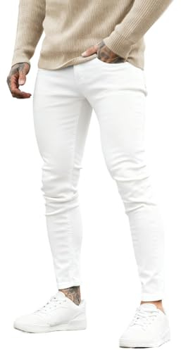 GINGTTO Jeans Skinny da Uomo Bianchi Pantaloni Aderenti Slim Fit Elasticizzati Denim Moda Casual 32W/30L