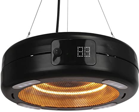 Home It® Hängender Terrassenheizer mit Carbonröhre und LED-Beleuchtung – 1500W, 3 Heizstufen, Fernbedienung, 24h Timer, IP34 Spritzwassergeschützt, Aluminium, 450mm Durchmesser
