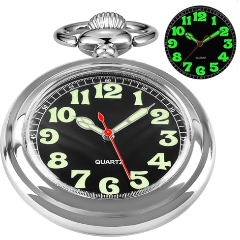 Whodoit Classic Sliver Shiny Arabic Numeral Men's Quartz Pocket Watch, Pocket Watches Gift Quartz Movement for Men with Chain-Sliver