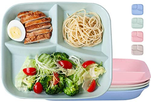 Orrdiffi Piatto Diviso in plastica con 3 Scomparti,4 pezzi, Piatto per controllo delle porzioni, 22 x 25 cm, per un’alimentazione Sana, Pranzo e Cena, senza BPA,lavabili in Lavastoviglie e Microonde