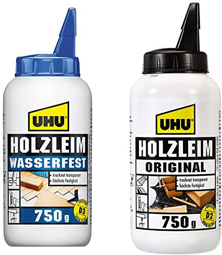 UHU Holzleim Wasserfest wood glue, 750 g & Holzleim Original Flasche, Universeller Weißleim - geeignet für alle üblichen Holzarten und -verklebungen, 750 g