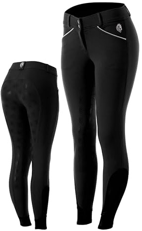 Equinavia Astrid Womens Silicone Full Seat Breeches | Mid Rise Riding Pants with Phone Pockets - Black/White - 34