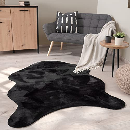 Paco Home Tapis De Salon Tapis Poils Ras Monochrome Moderne Fausse Fourrure Forme Peau De Mouton Doux, Dimension:120x160 cm Forme de Fourrure, Couleur:Noir